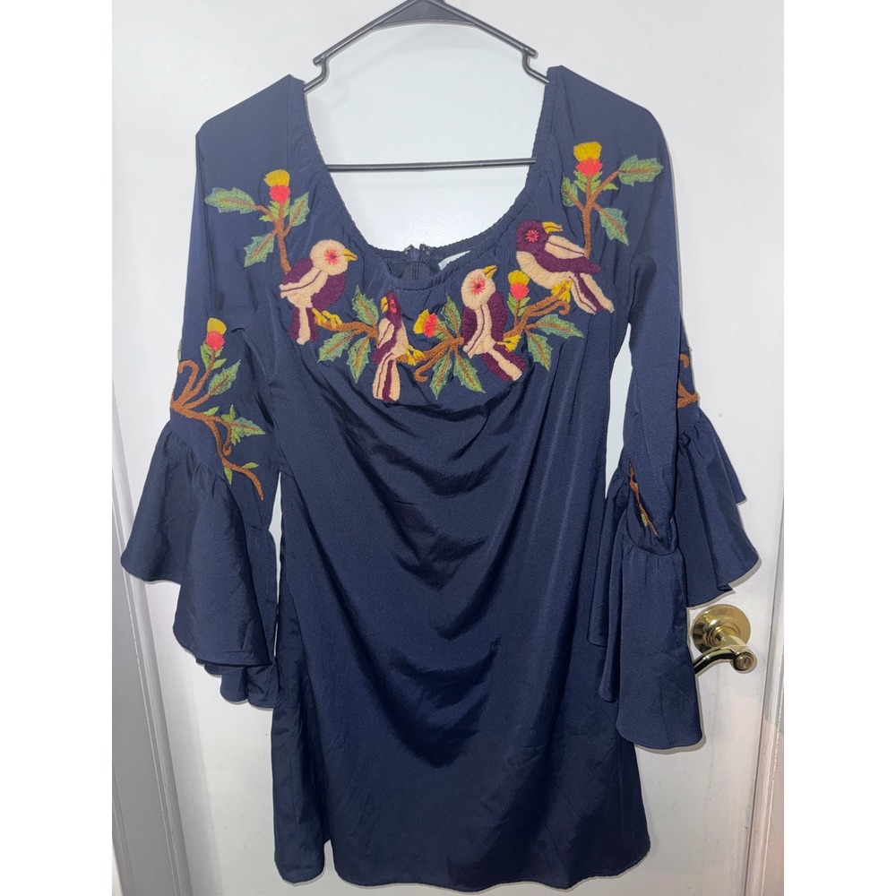 Judith March Navy Blue Embroidered Bird Tiered Bell Sleeve Mini Dress Small